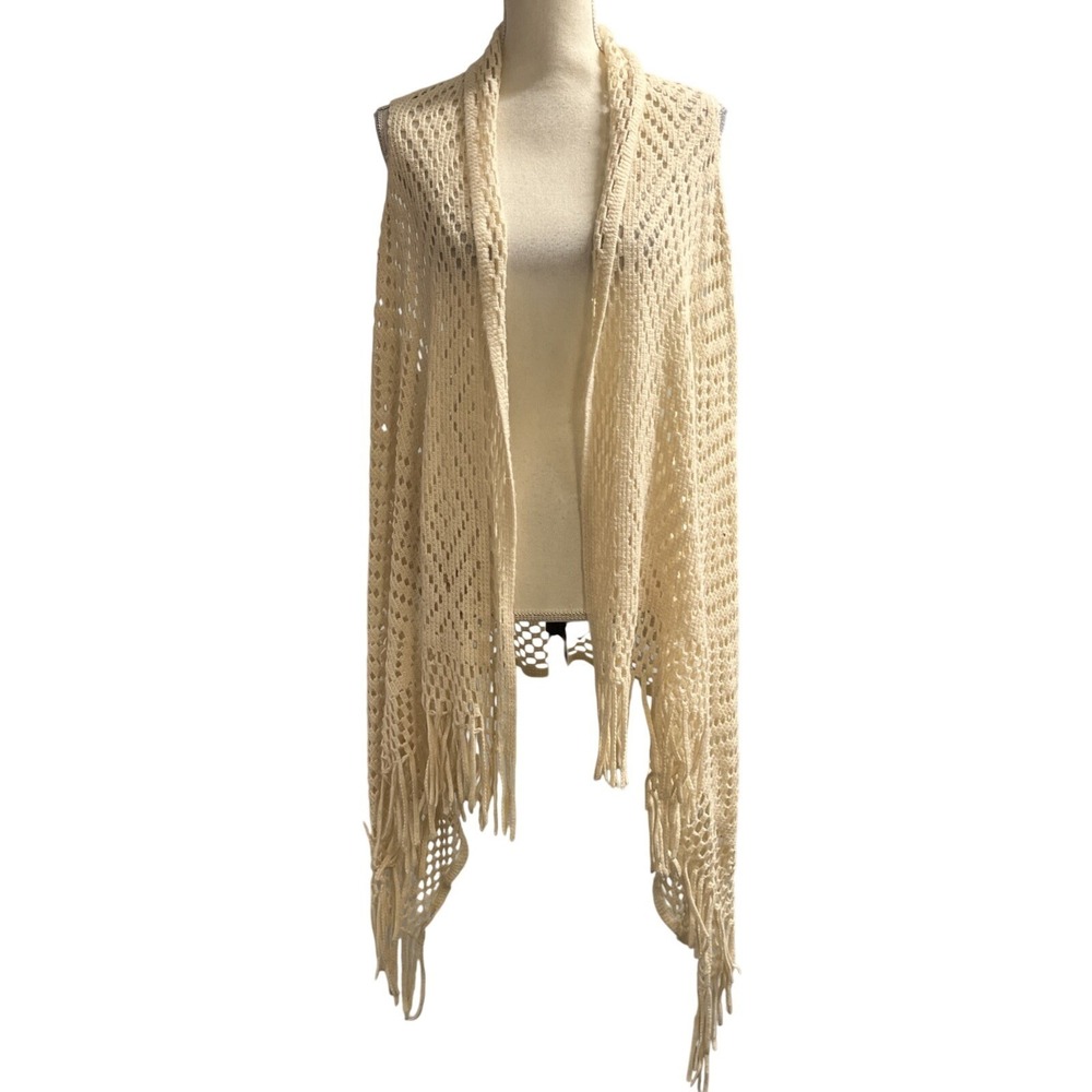 Ivory Open Crochet Knit Shawl Asymmetrical Fringe Layer Boho Hippie Coachella